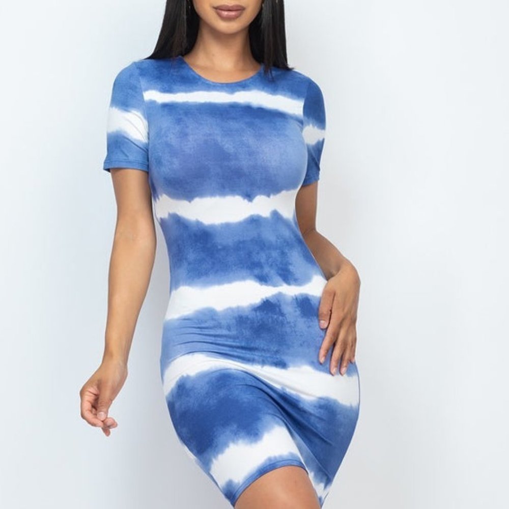 Women's Blue Stripe Short Sleeves Stretch Knit Tie-dye Printed Midi Dress NWT